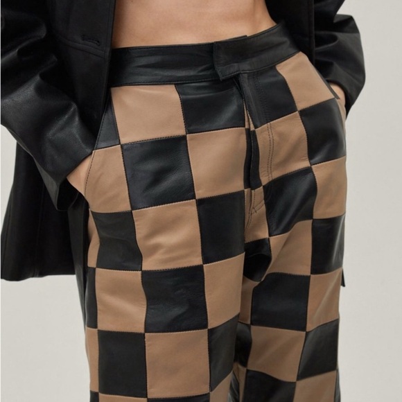 Nasty Gal Checkerboard High Waisted Genuine Leather Pants - Size 0 - Picture 3 of 12